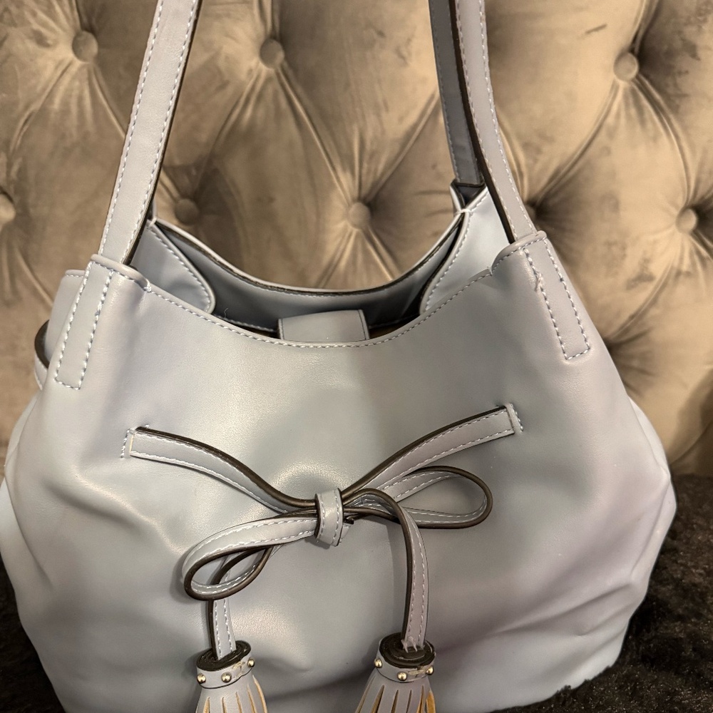 Nine West Gray Drawstring Tassel Shoulder Bag Faux Leather Handbag